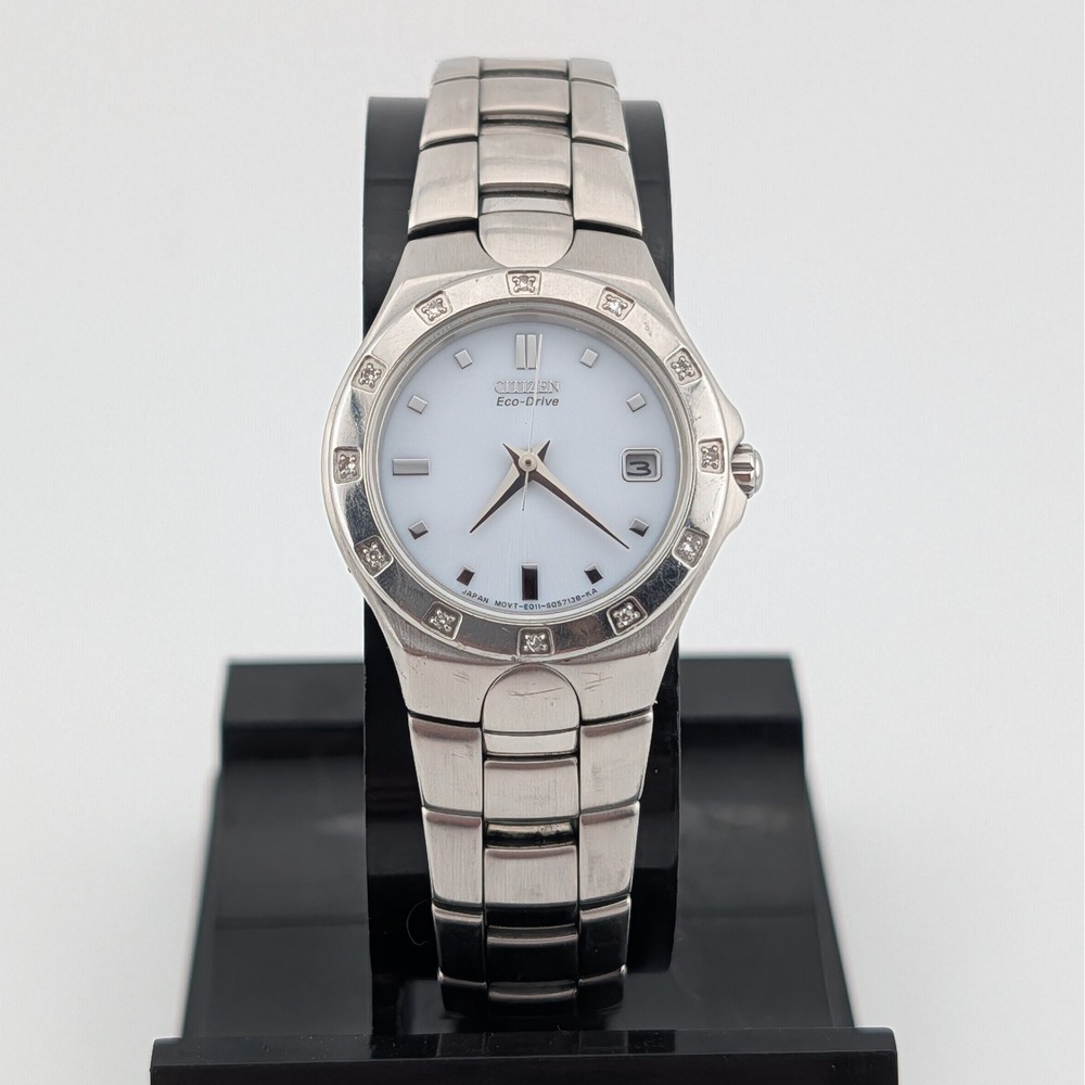 Citizen Eco-Drive E011-S033705 White Sunburst Dial Stainless Steel Date Watch